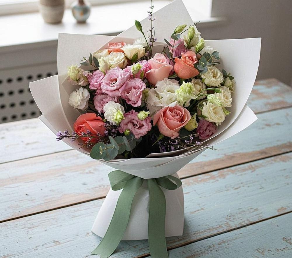 Букет цветов из: Розы, Лизиантусы и Гвоздики в Шолоховском