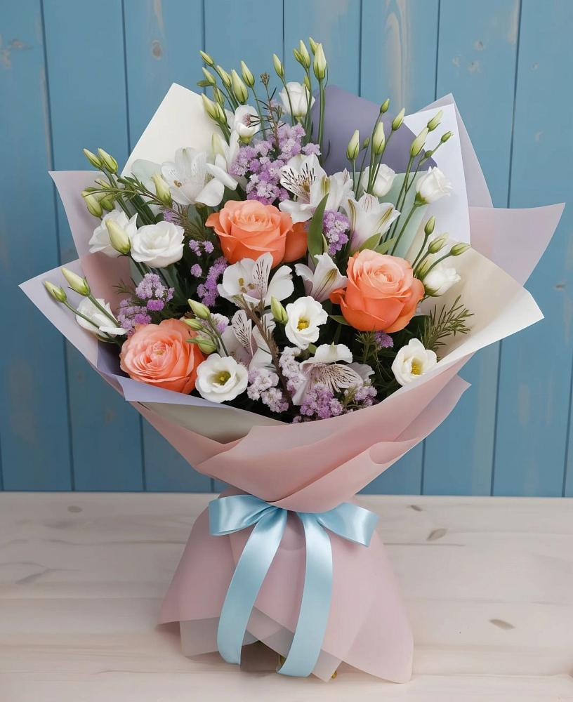 Букет цветов из: Лизиантусы, Розы, Альстромерии и Гипсофила в Шолоховском
